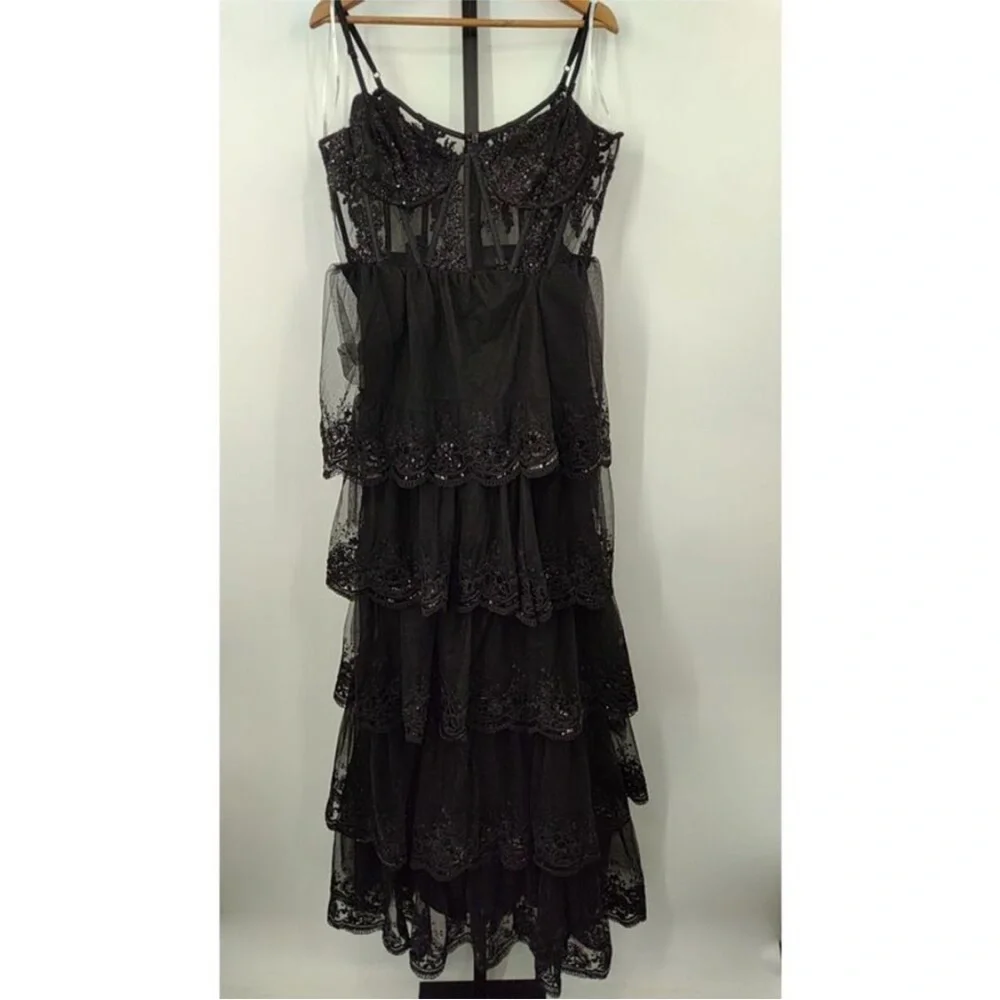 LULU’s Black 🖤 Lace Sequin Tiered Ruffle Sheer Corset Dress XL - Picture 4 of 5